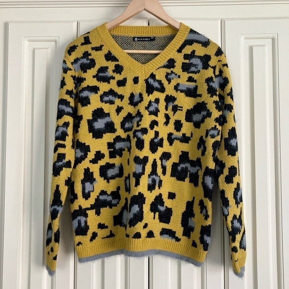 Blue Bubble Wool Blend Crew Neck Leopard Print Sweater Size XXL - Picture 1 of 4